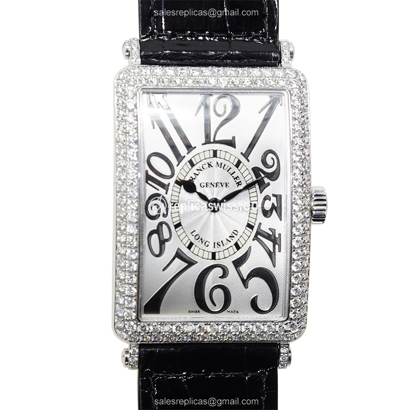 Franck Muller 1002 QZ D Replica - Quartz - 18kt White Gold - Diamond - Silver Dial, Black Leather Strap