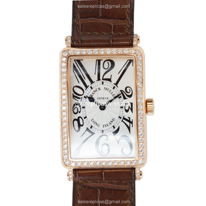 Franck Muller 1002 QZ D 1R Replica - Quartz - 18kt Rose Gold Case - Diamonds, Silver Dial, Alligator Brown Strap