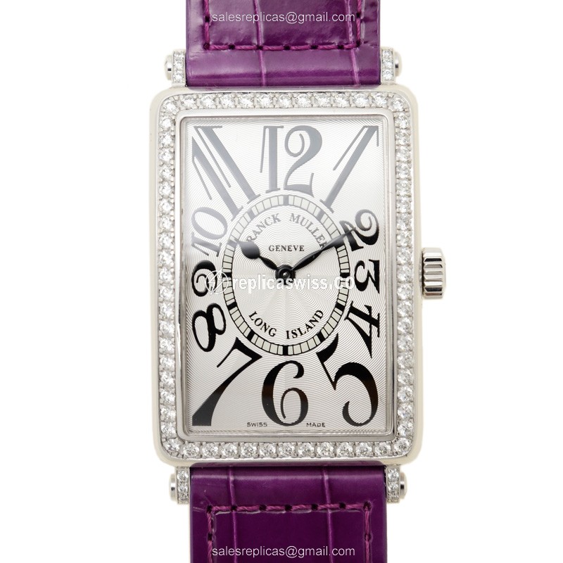 Franck Muller 1002 QZ D 1R LONG ISLAND - Quartz - 18kt White Gold - Diamond - Silver Dial - Leather Purple Buckle - Luxury Replica LONG ISLAND Watch