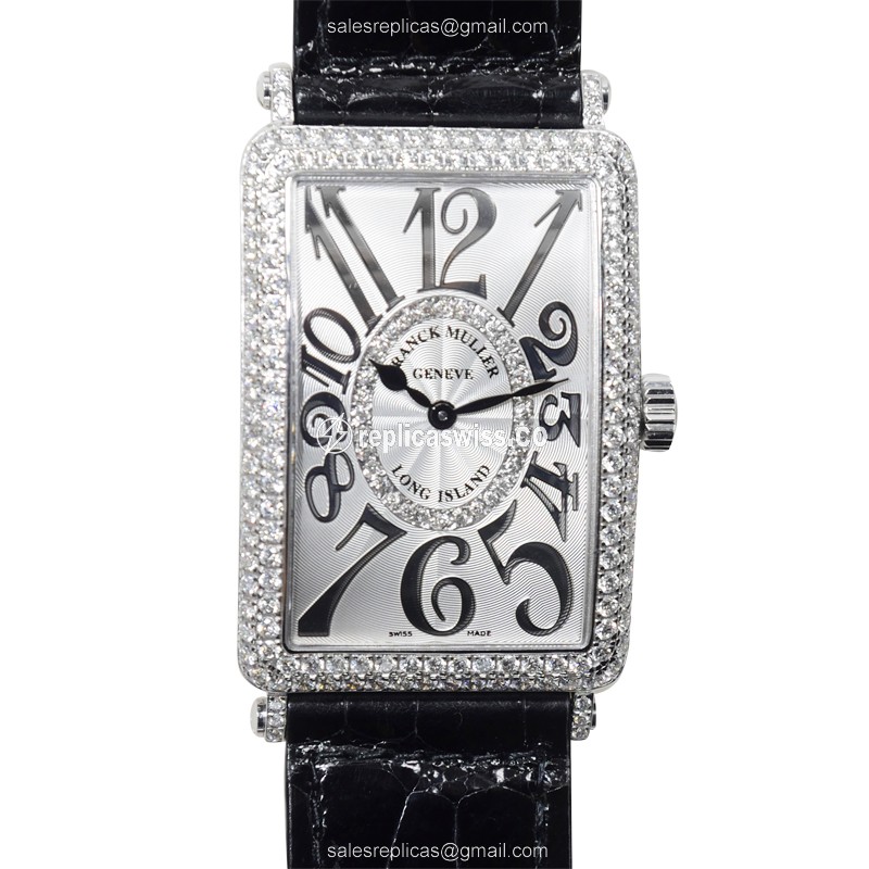 Franck Muller 1002QZD Replica - Quartz - 18kt White Gold - Diamond - Silver Dial - Leather Black Strap - Luxury Replica LONG ISLAND Watch