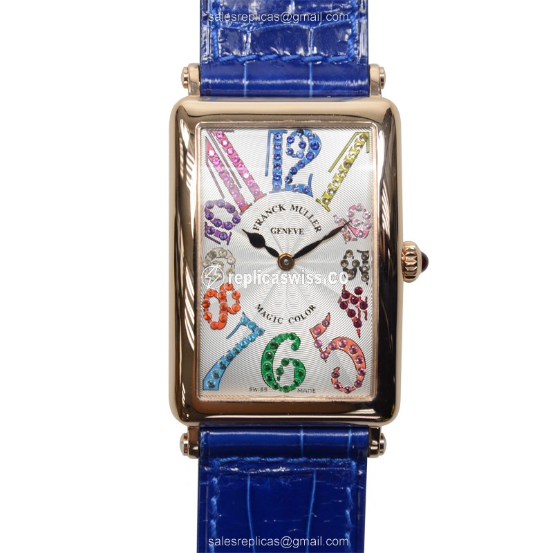 Franck Muller 1002 QZ MAG COL 5N LONG ISLAND - Quartz - 18kt Rose Gold Case, Silver Dial, Blue Alligator Strap
