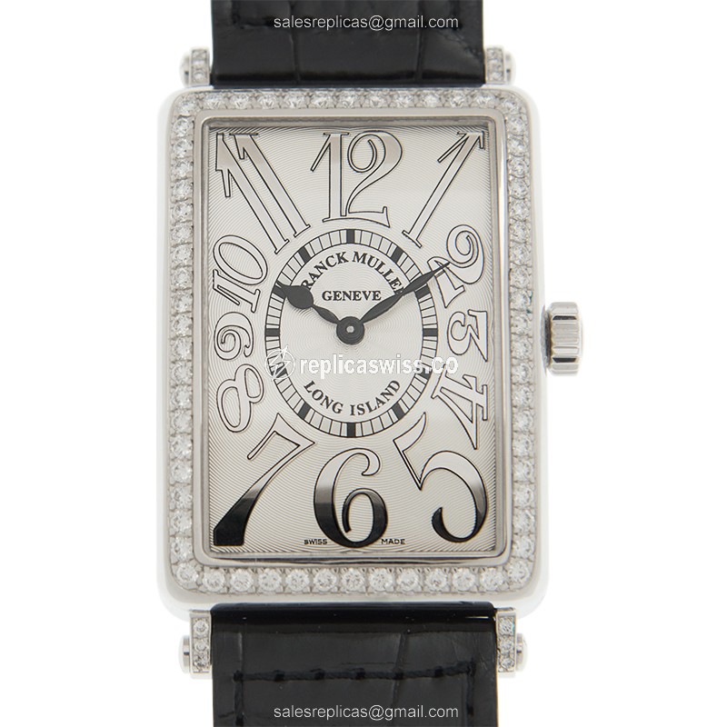 Franck Muller 1002 QZ REL D 1R LONG ISLAND - Quartz 18kt White Gold Buckle, White Leather Strap - Luxury Replica LONG ISLAND Watch