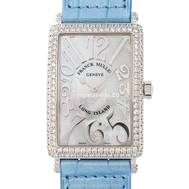Franck Muller 1002 QZ REL MOP D AC LONG ISLAND - Quartz - Diamond Case - White Dial, Leather Strap - Luxury Replica LONG ISLAND Watch