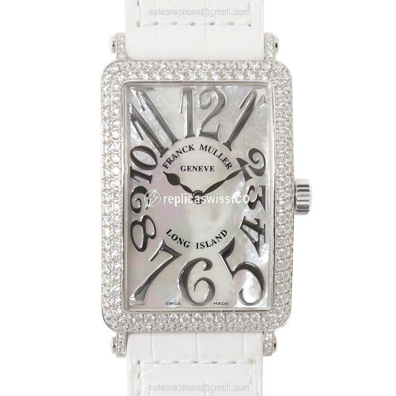 Franck Muller 1002QZ REL MOP D LONG ISLAND - Quartz - 18kt White Gold - Diamond - White Dial - Leather Strap - Luxury Replica LONG ISLAND Watch