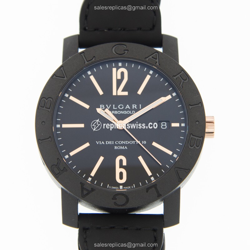 Bulgari 102632 BBP40BCGLD/N Carbon Fiber Automatic - Black Dial - Leather Strap - Buckle Clasp