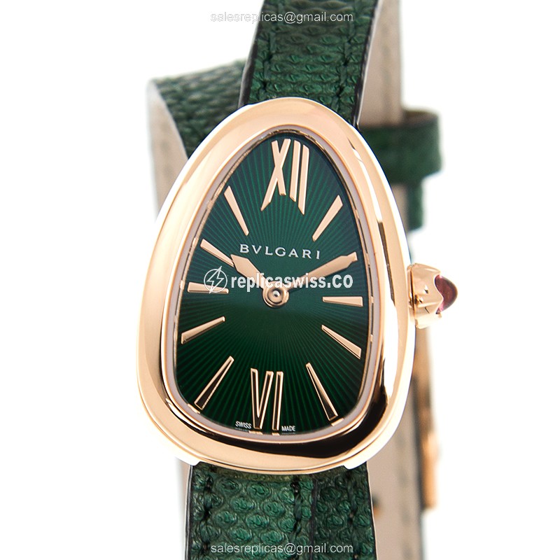 Bulgari Serpenti Quartz Replica - 18kt Rose Gold - Green Dial - Buckle Clasp - Green Skin Strap - Luxury Replica SERPENTI Watch
