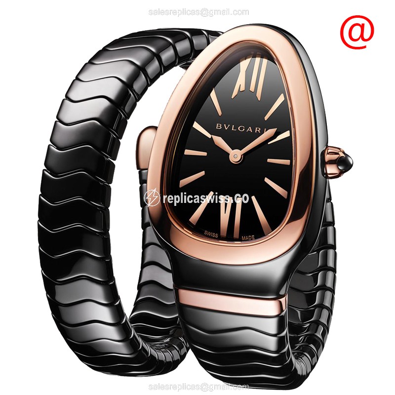 Bulgari Serpenti Spiuga Quartz 18kt Rose Gold - Ceramic Dial - Black - Bangle Clasp