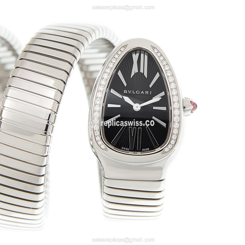Bulgari Serpenti Quartz - Black Dial - Steel Case - Silver Bangle Clasp - Luxury Replica SERPENTI Watch
