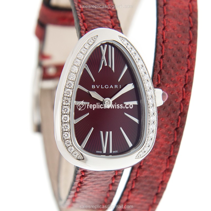 Bulgari 102780 SERPENTI Quartz - Red Dial - Diamond Accents - Buckle Clasp - Red Skin Strap - Luxury Replica SERPENTI Watch