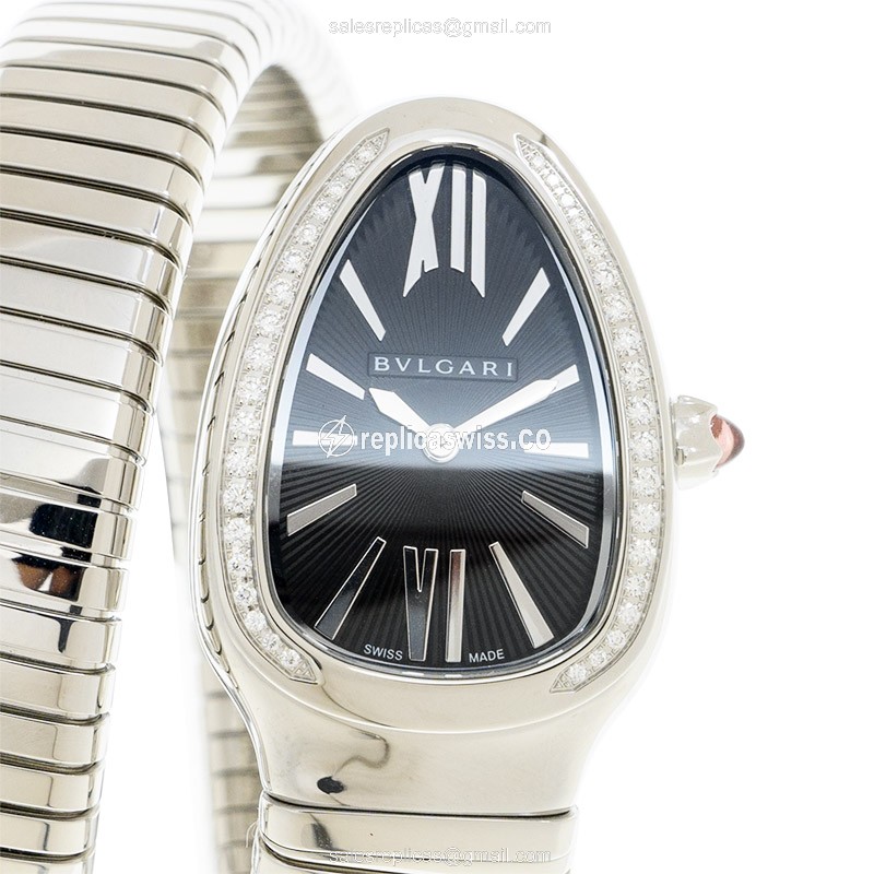Bulgari Serpenti Tubogas Replica - Quartz - Black Dial - Diamond - Silver Steel Bangle