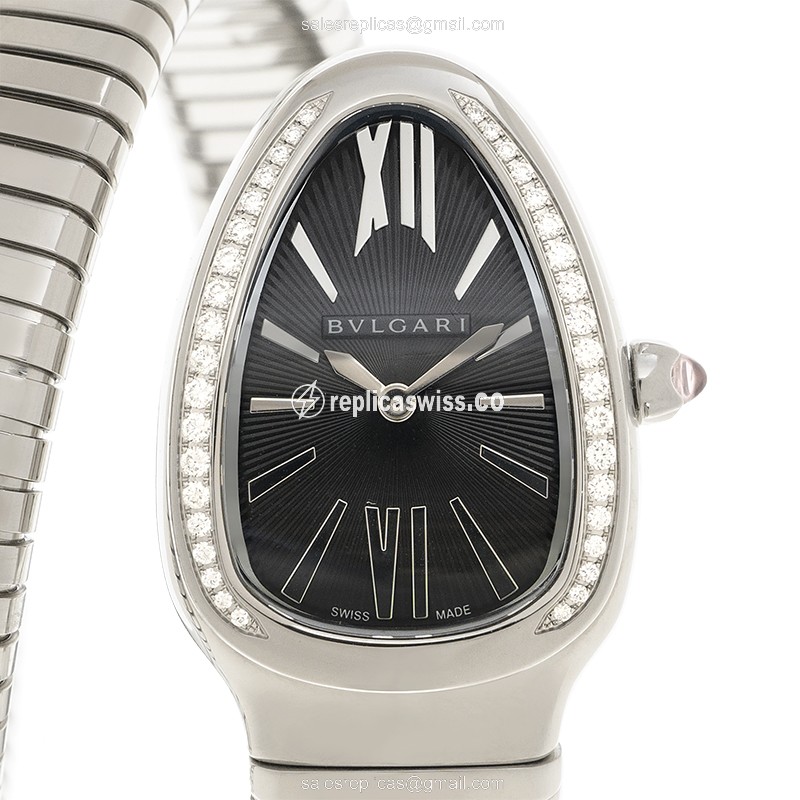 Bulgari Serpenti Tubogas Replica - Quartz - Stainless Steel - Black Dial - Bangle Clasp - Silver Steel Strap