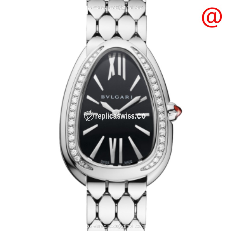 Bulgari 103449 Serpenti Seduttori Quartz - Stainless Steel Case & Diamonds - Black Dial - Silver Steel Strap