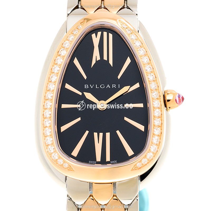Bulgari Serpenti Seduttori Replica - Quartz - 18kt Rose Magic - Diamond Bezel - Black Dial - Gold Steel Strap