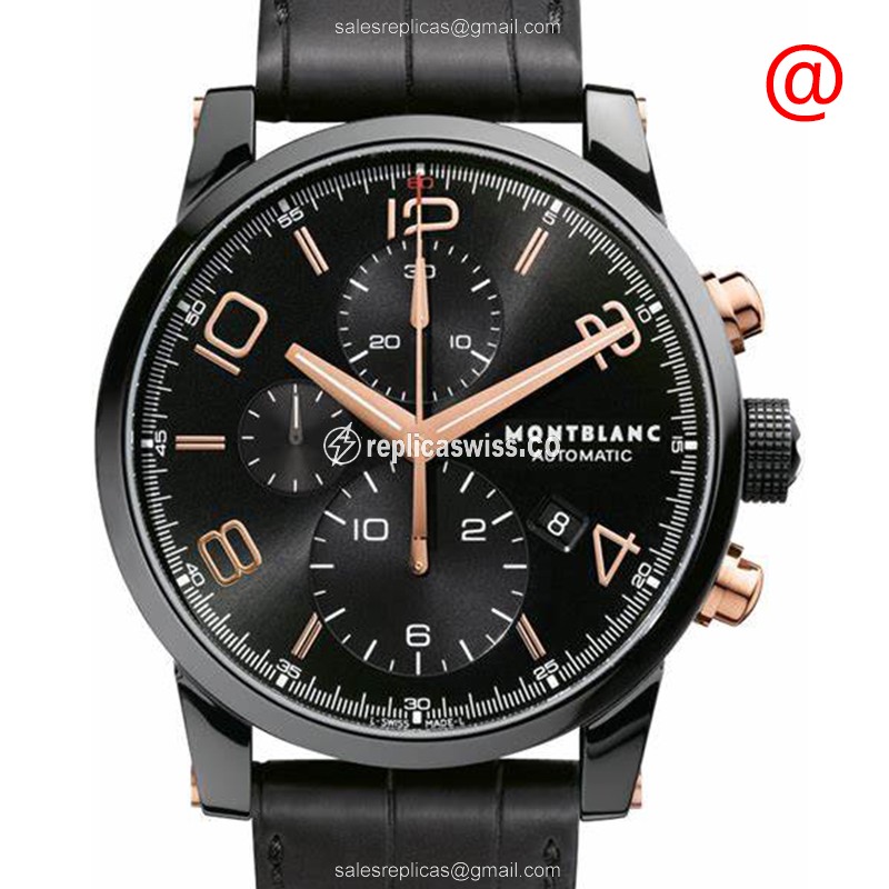 Mont Blanc TIMEWALKER Replica - Automatic - Steel Case - Black Dial - Leather Strap - Buckle Clasp - Luxury Replica TIMEWALKER Watch
