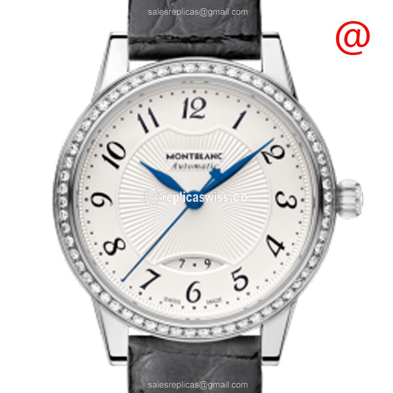 Mont Blanc Boheme Replica - Automatic - Stainless Steel & Diamond - Silver Dial - Leather Strap - Black Buckle