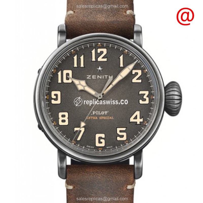 Zenith PILOTS Replica - Automatic - Steel Case - Gray Dial - Brown Cowhide Strap - Luxury Replica PILOTS Watch
