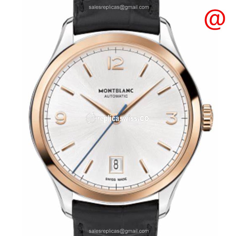 Mont Blanc Heritage 112521 - Automatic 18kt Rose Gold & Steel - Silver Dial, Black Alligator Strap, Buckle Clasp - Luxury Replica HERITAGE Watch