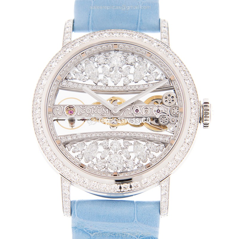 Corum Golden Bridge Replica - Manual Wind - 18kt White Gold - Diamond Dial - Blue Alligator Strap