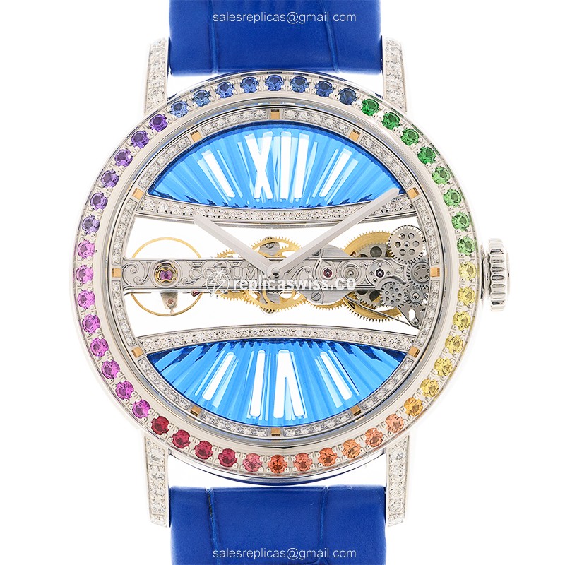 Corum Golden Bridge Replica - Manual - 18kt White Gold - Diamond - Blue Alligator Strap