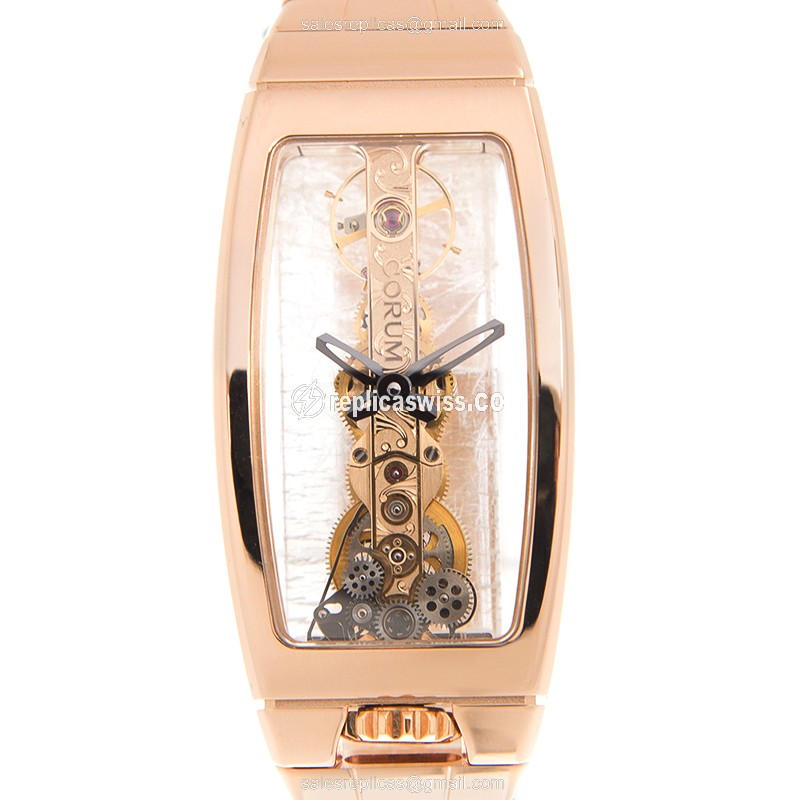 Corum Bridge Replica - Manual Wind - 18kt Rose Gold - Skull Dial - Gold Clasp & Strap