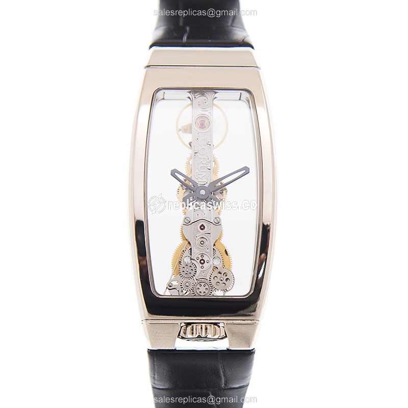 Corum Bridge Replica - Manual Wind - 18kt White Gold - Transparent Dial - Black Alligator Strap