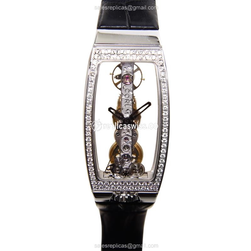 Corum Bridge Replica - Manual Wind - 18kt White Gold - Diamond Dial - Black Alligator Strap