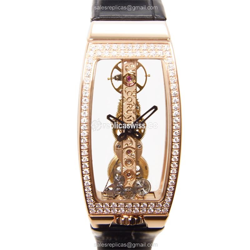 Corum Bridge Replica - Manual Wind - 18kt Rose Gold - Diamond Bezel - Black Alligator Strap