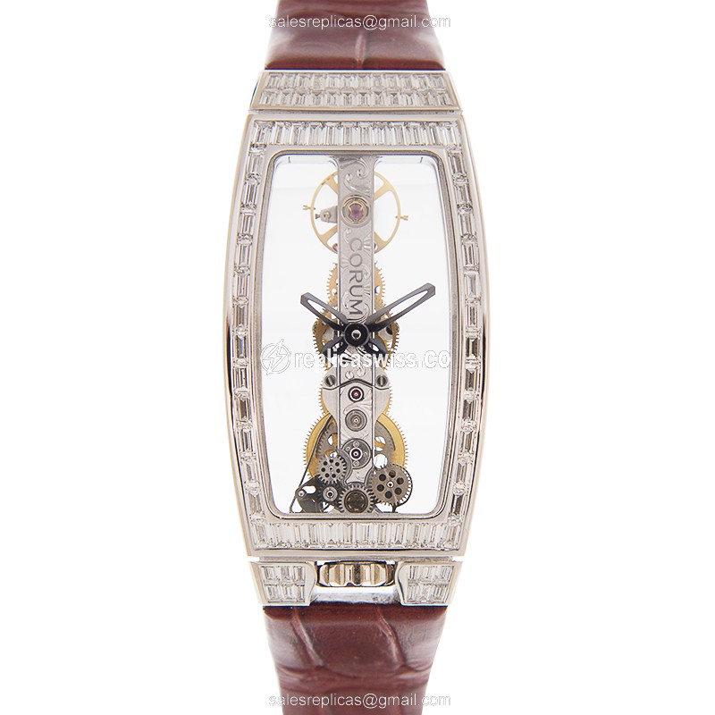 Corum Bridge Replica - Manual Wind - 18kt White Gold - Transparent Dial - Red Alligator Strap