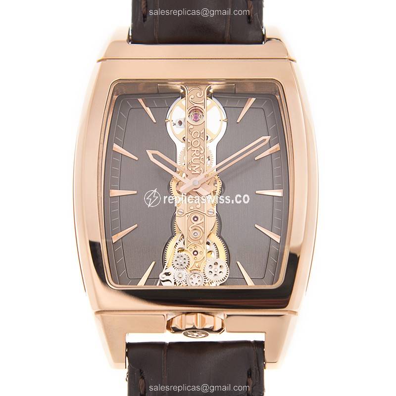 Corum Golden Bridge Replica - Manual - 18kt Rose Gold - Gray Dial - Brown Alligator Buckle