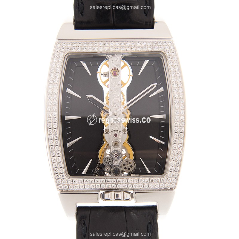 Corum Bridge Replica - Manual Wind - 18kt White Gold - Diamond - Black Dial - Alligator Strap