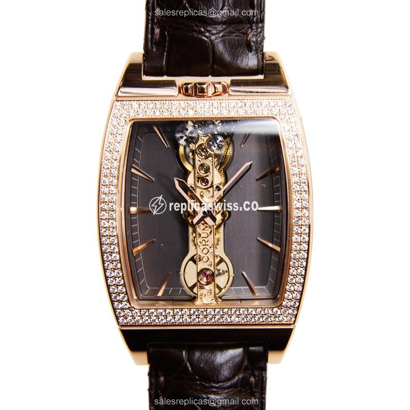 Corum Bridge Replica - Manual Wind - 18kt Rose Gold - Dark Grey - Brown Alligator Buckle