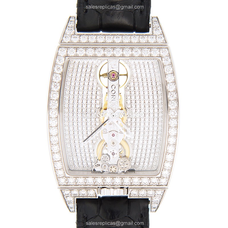 Corum Bridge Replica - Manual Wind - 18kt White Gold - Diamond - Silver Dial - Black Alligator Strap