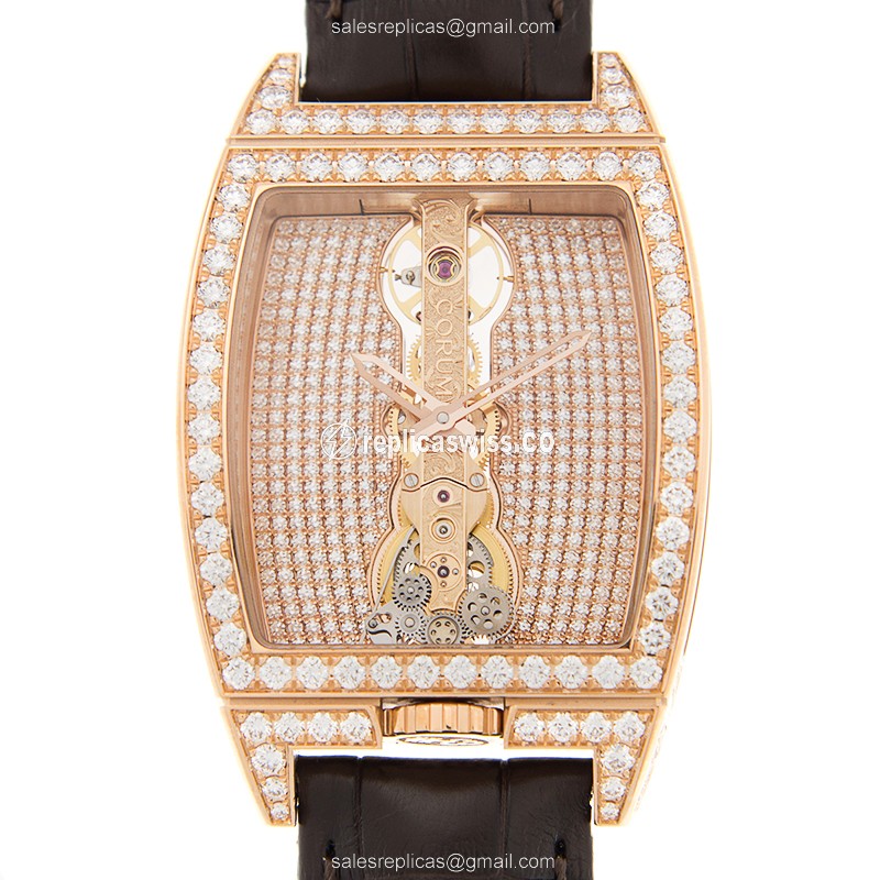 Corum Bridge Replica - Manual Wind - 18kt Rose Gold - Diamonds - Gold Dial - Alligator Black Buckle