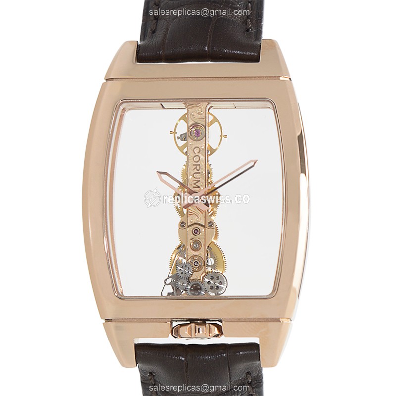 Corum BRIDGE 113.160.55/0002 - Manual Wind - 18kt Rose Gold - Skull Dial - Brown Alligator Buckle
