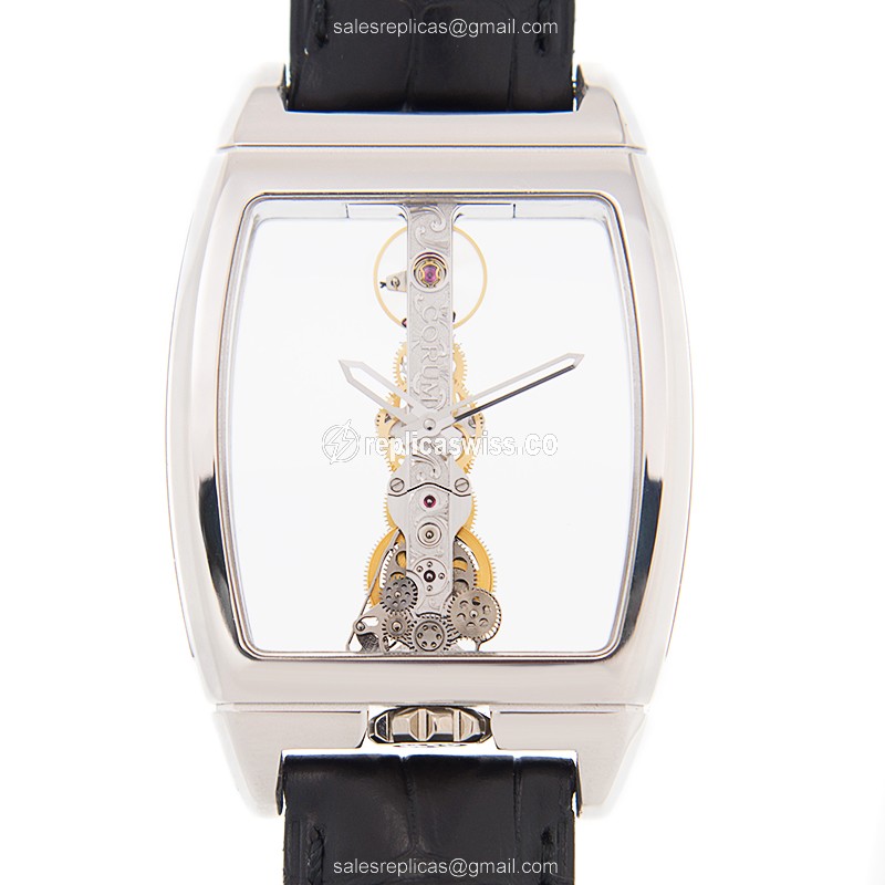 Corum Replica Bridge - Manual - 18kt Gold - Transparent Dial - Black Alligator Strap