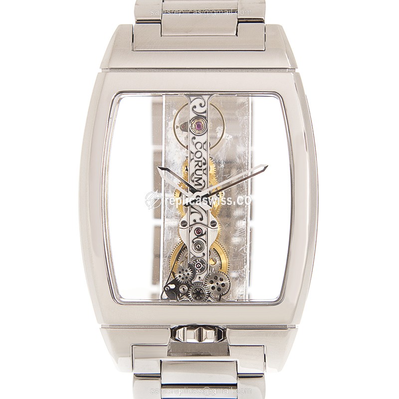 Corum Bridge Replica - Manual Wind - 18kt White Gold - Transparent Dial - Silver Clasp