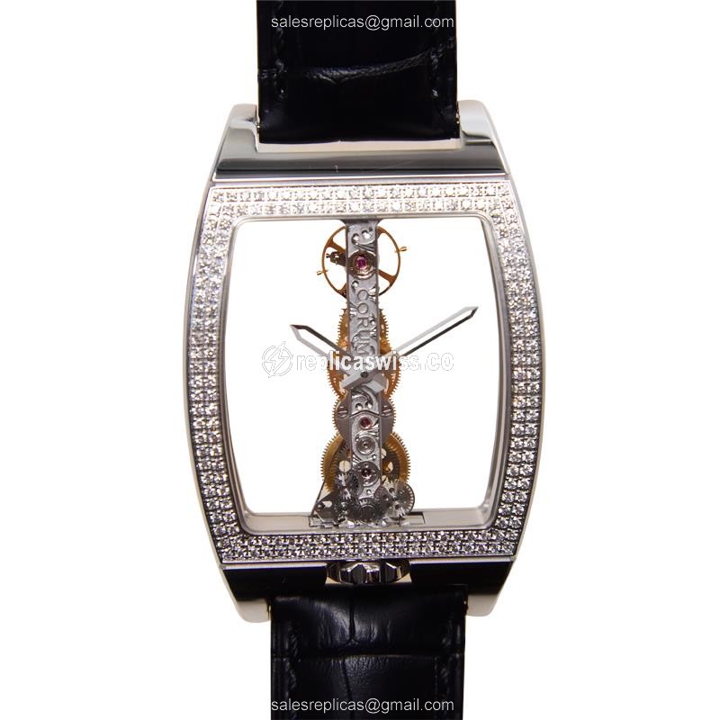 Corum Bridge Replica - Manual Wind - 18kt White Gold - Diamond - Black Alligator Strap