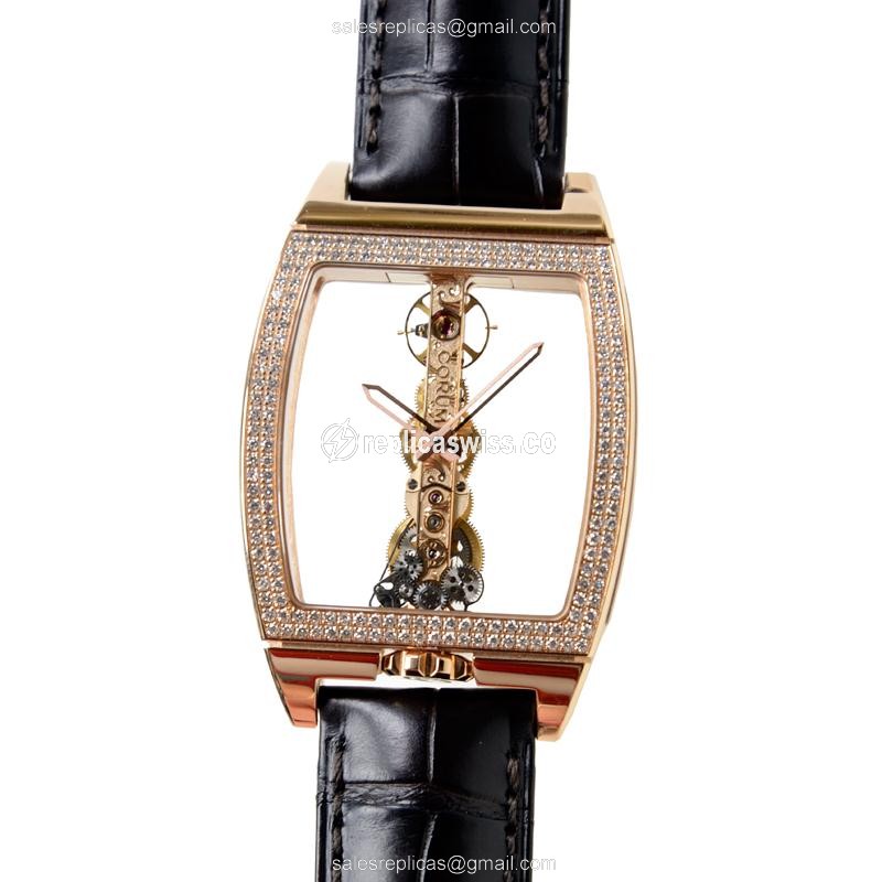 Corum Bridge Replica - Manual Wind - 18kt Rose Gold - Diamond Skull - Black Alligator Buckle