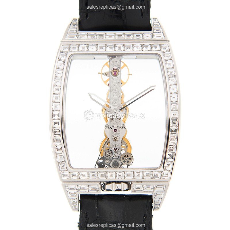 Corum BRIDGE Replica - Manual Wind - 18kt White Gold - Diamond - Transparent - Black Alligator Buckle