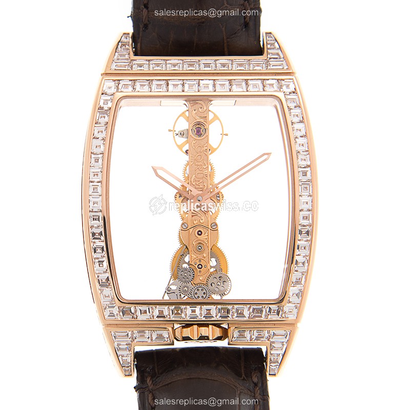 Corum Golden Bridge Replica - Manual Wind - 18kt Rose Gold - Diamonds - Brown Alligator Strap - Luxury Corum Replica Watch