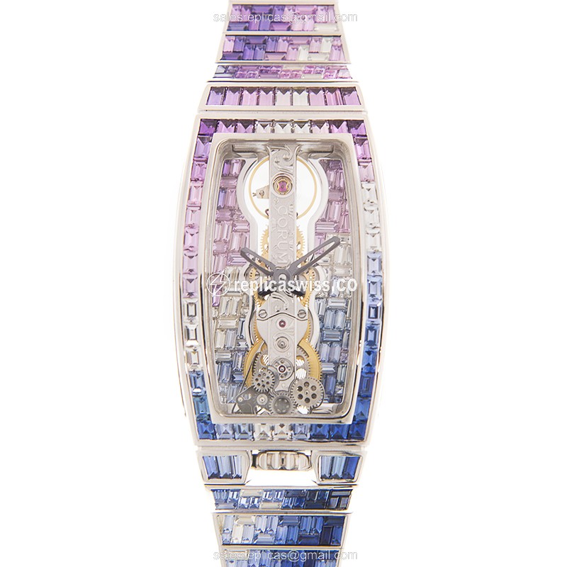 Corum Golden Bridge Replica - Manual - 18kt Gold - Diamond Dial - Transparent - Silver Clasp & Diamond Strap