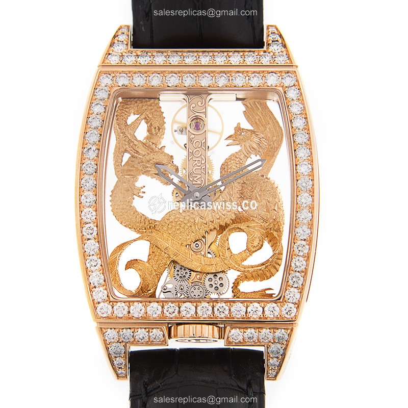 Corum BRIDGE 113.265.85/0001 Replica - Manual Wind - Rose Gold Case - Diamond Dial - Black Alligator Strap
