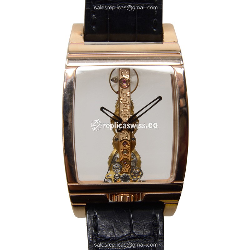 Corum BRIDGE Replica - Manual - 18kt Rose Gold - Skull Dial - Brown Alligator Buckle