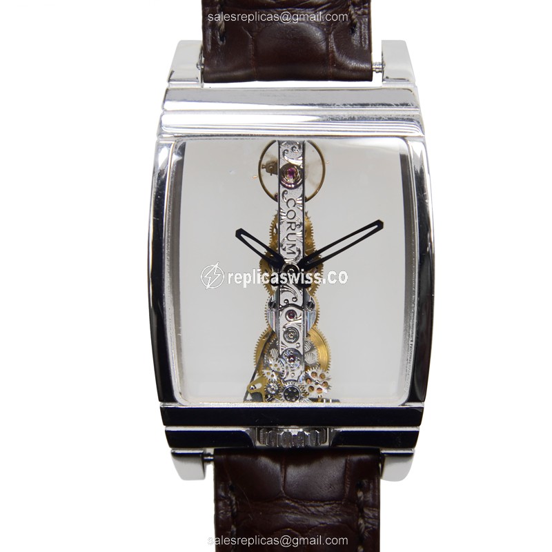 Corum Bridge Replica - Manual Wind - 18kt White Gold - Silver Dial - Brown Leather Strap