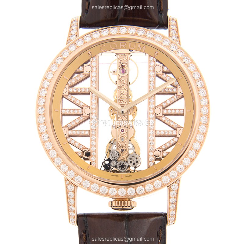 Corum 113.901.85/0F02 BRIDGE - Manual - 18kt Rose Gold - Diamond Skull Dial - Brown Alligator Strap