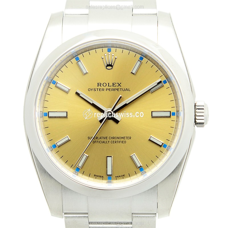 Rolex OYSTER PERPETUAL Replica - Automatic - Gold Dial on Silver Steel Strap - Luxury Replica OYSTER PERPETUAL Watch