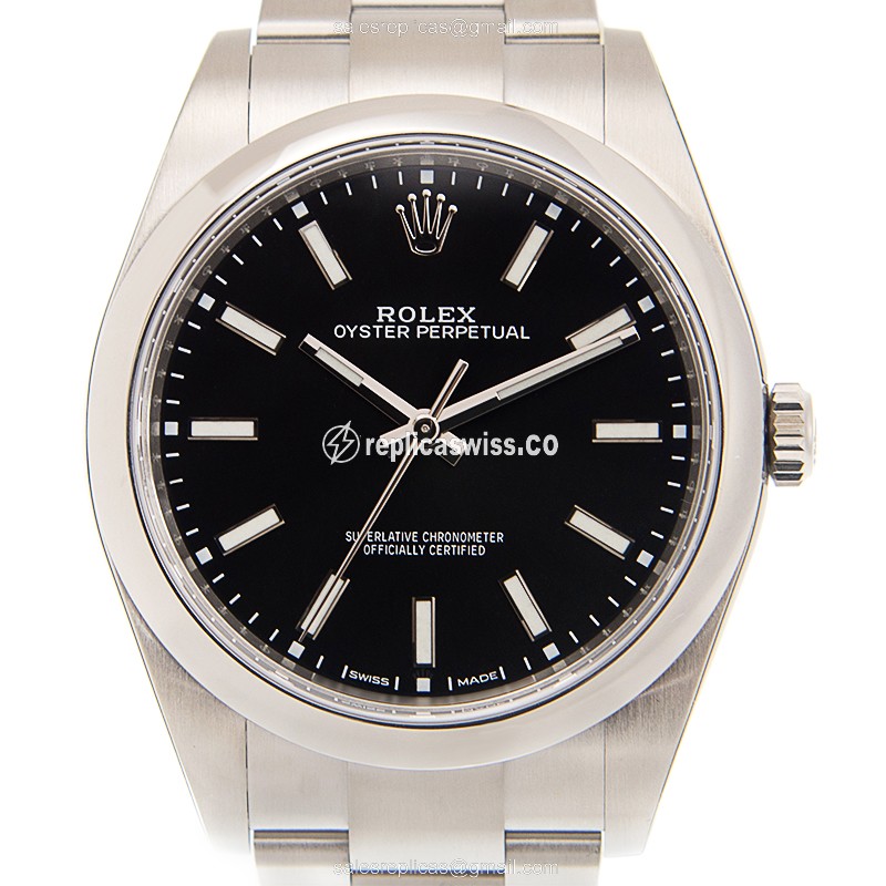 Rolex OYSTER PERPETUAL Replica - Automatic - Steel Case - Black Dial on Silver Steel Strap - Luxury Replica OYSTER PERPETUAL Watch