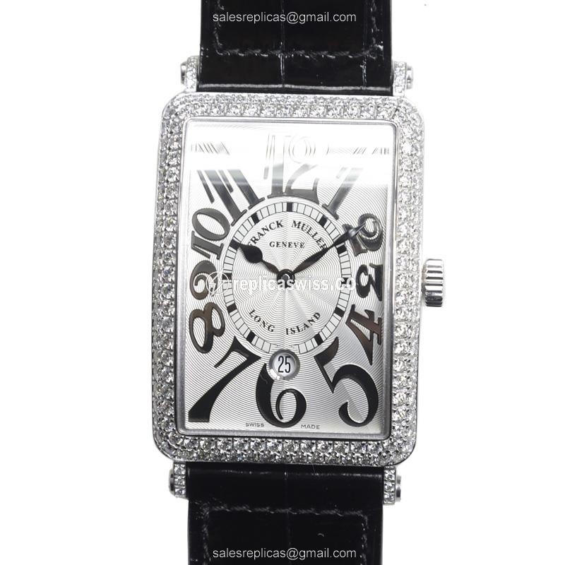 Franck Muller 1150 SC DT REL D OG LONG ISLAND - Auto - 18kt White Gold - Diamond Bezel - Black Leather Strap - Luxury Replica LONG ISLAND Watch