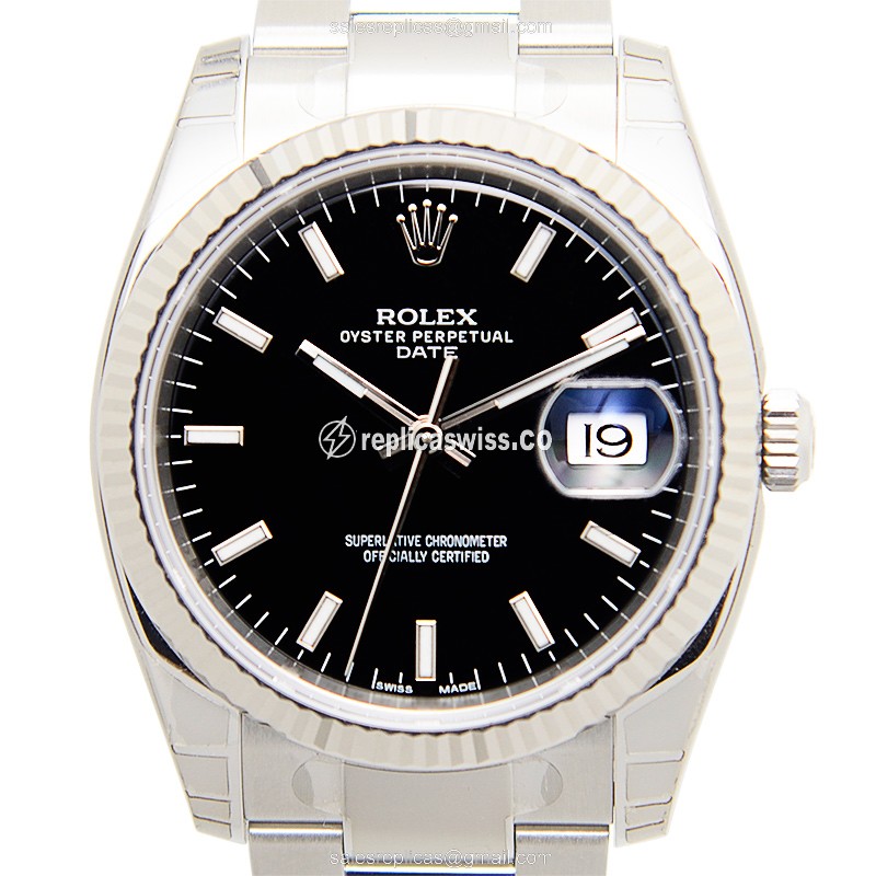 Rolex DATEJUST Replica - Automatic - White Gold - Black Dial, Steel Clasp & Strap