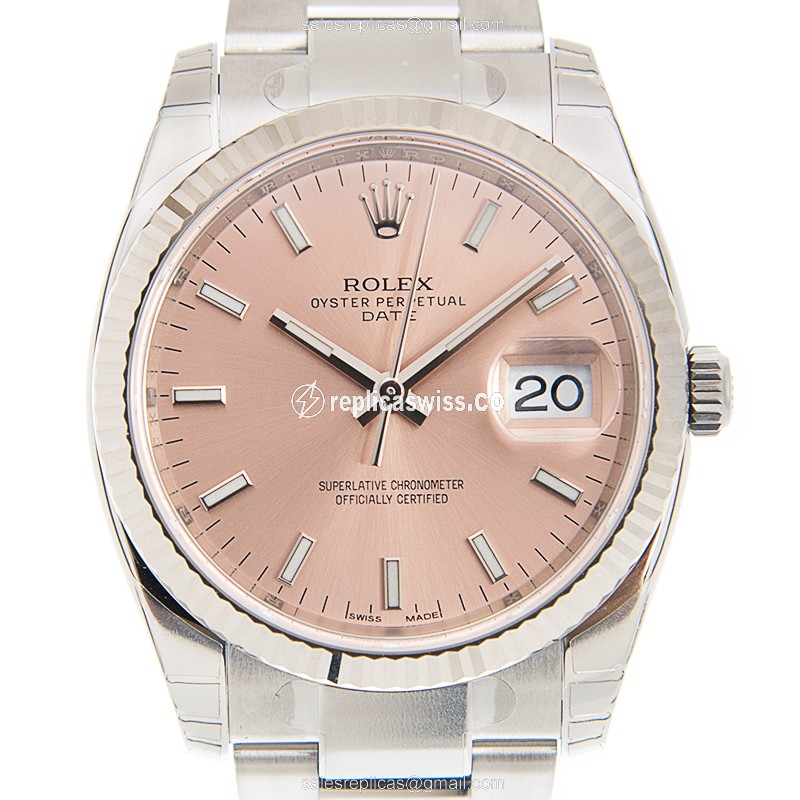 Rolex DATEJUST Replica - Automatic - 18kt White Gold - Pink Dial, Steel Clasp & Silver Strap